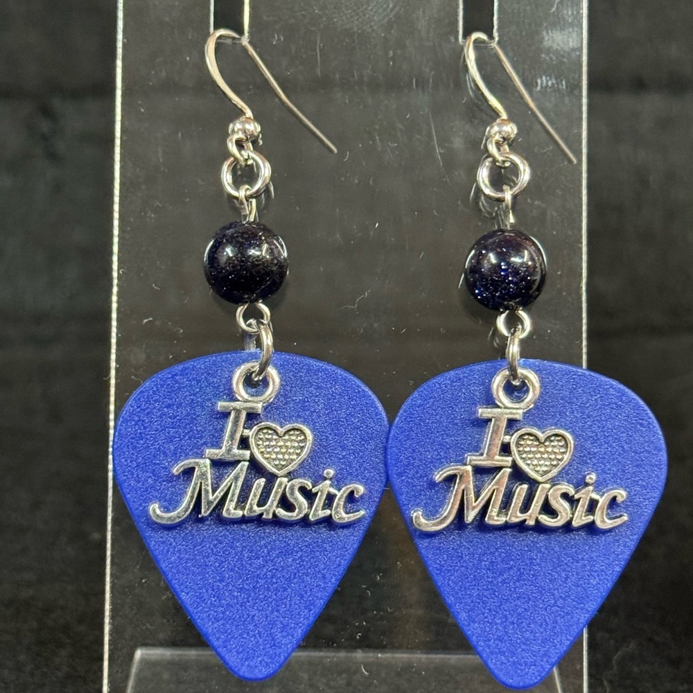 Blue 'I Love Music' Guitar Pick Earrings